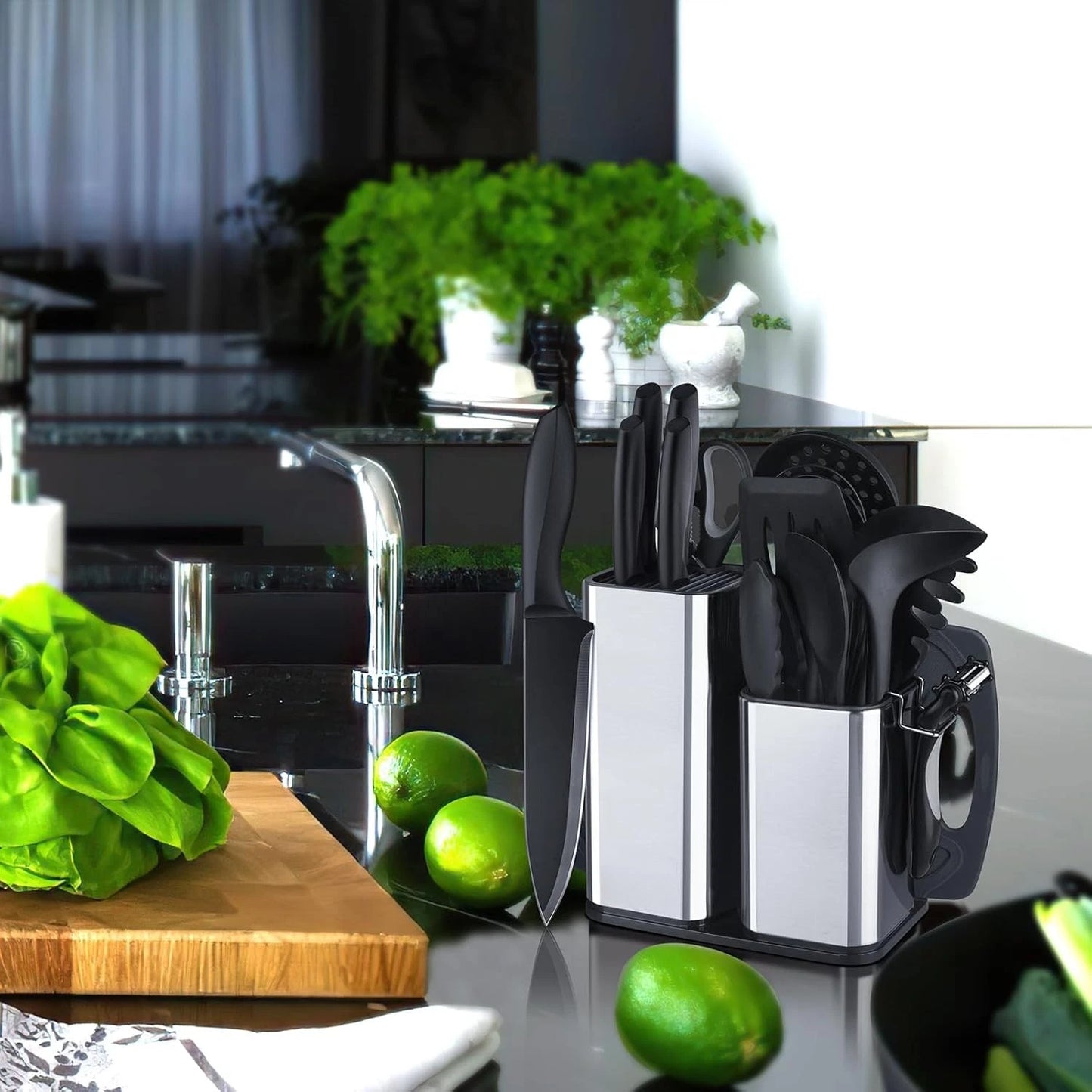 Kitchen Utensils Set,Cooking Tools,Knives,Stainless Steel Holder,Cutting Board